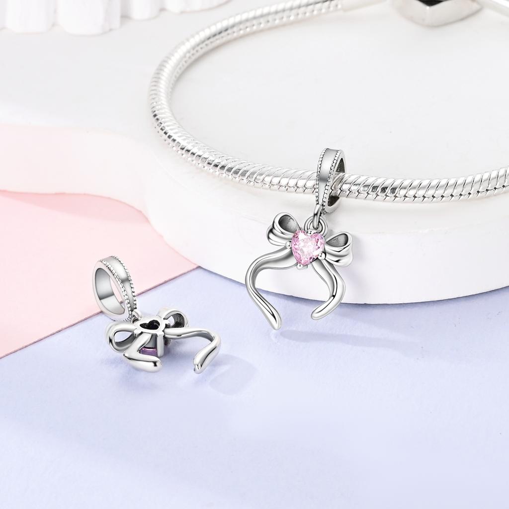 Original Charms Copper Cross Pink Bow With Heart Zircon Pendants Fit Bracelet Making For Woman Fashion Jewelry Gift