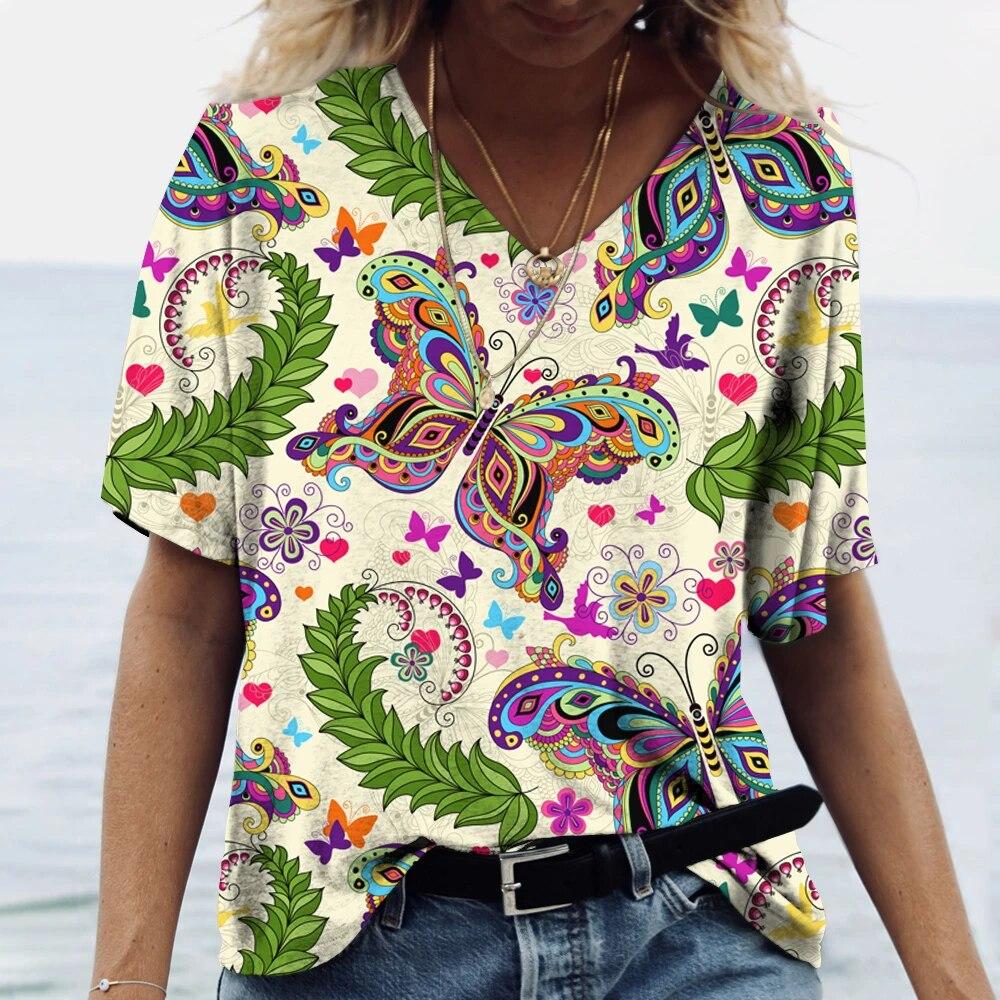 Butterfly Floral Graphic 3D Print Trička Dámské Y2k topy Trička Trička s výstřihem do V Dámské tričko Harajuku Žena Oversized Neformální oblečení