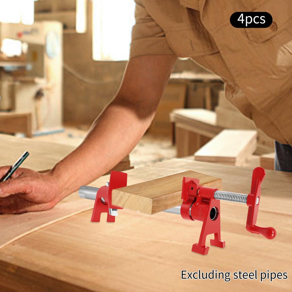 4-Piece Wood Gluing Pipe Clamp Set – Heavy-Duty Cast Iron Bar Clamps for Woodworking – Red