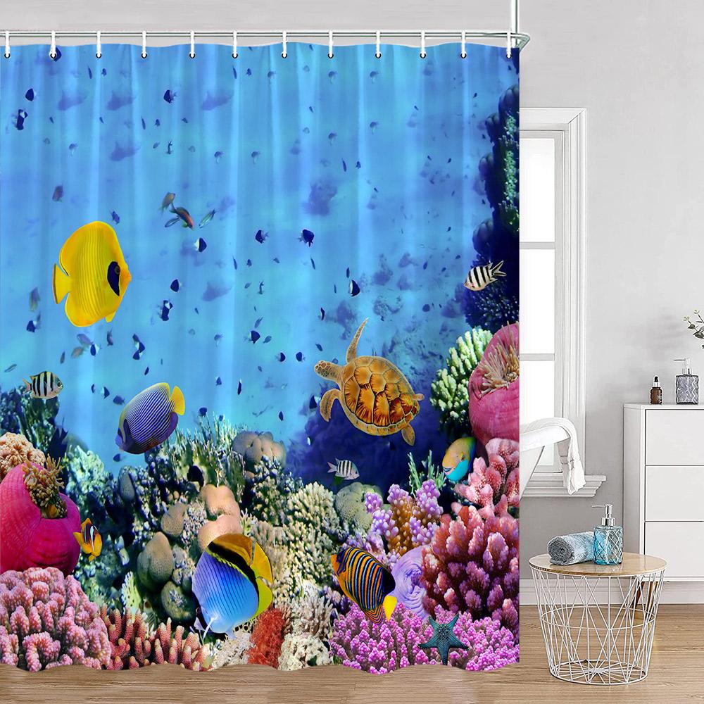 Ocean Animals Shower Curtains Undersea Tropical Fish Dolphins Coral Under Sea Home Decorations Summer Bath Curtains with Hooks