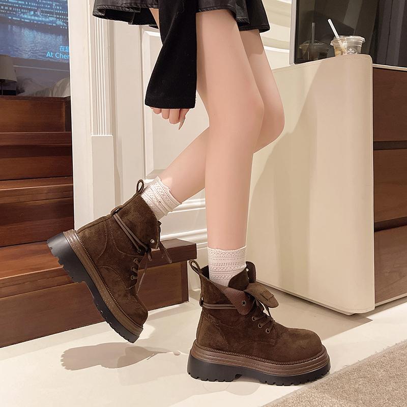 

New Platform Single Boot Fall Round Toe Deep Mouth Front Lace-Up Rear Zip Anti-Slip Booties 40