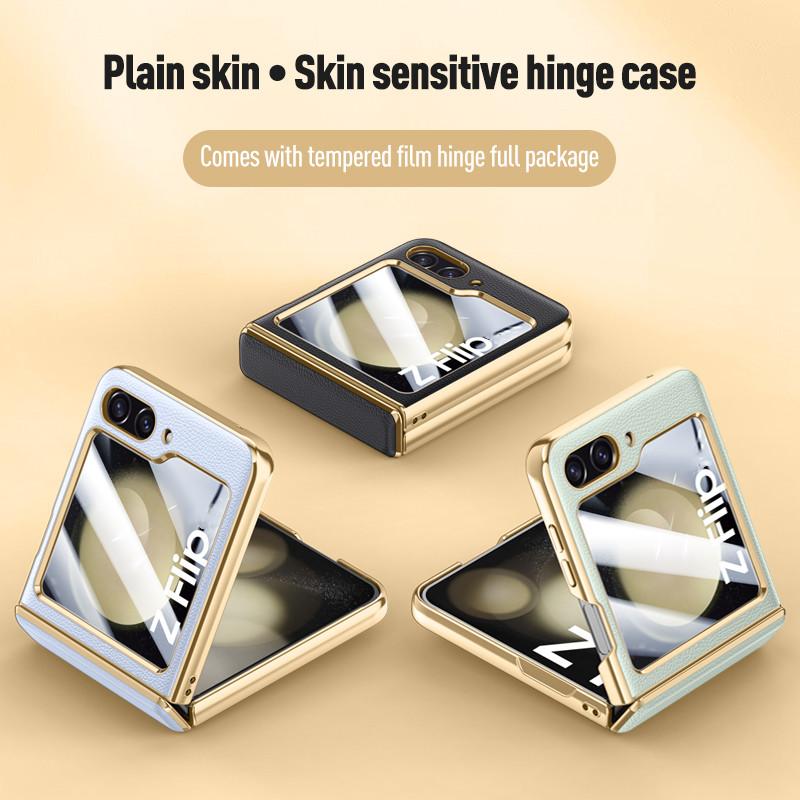 For Samsung Z Flip 5 Plating Leather Hinge Case for Samsung Galaxy Z Flip 5 Flip5 Zflip5 5G Shockproof Glass Film Bag Cases