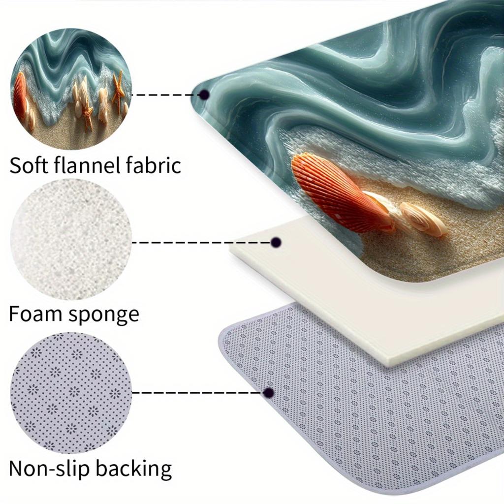 Realistic 3D Beach Waves and Seashells Themed Runner Rug, Non-Slip Washable Durable Floor Mat for Bathroom Nautical Home Decor