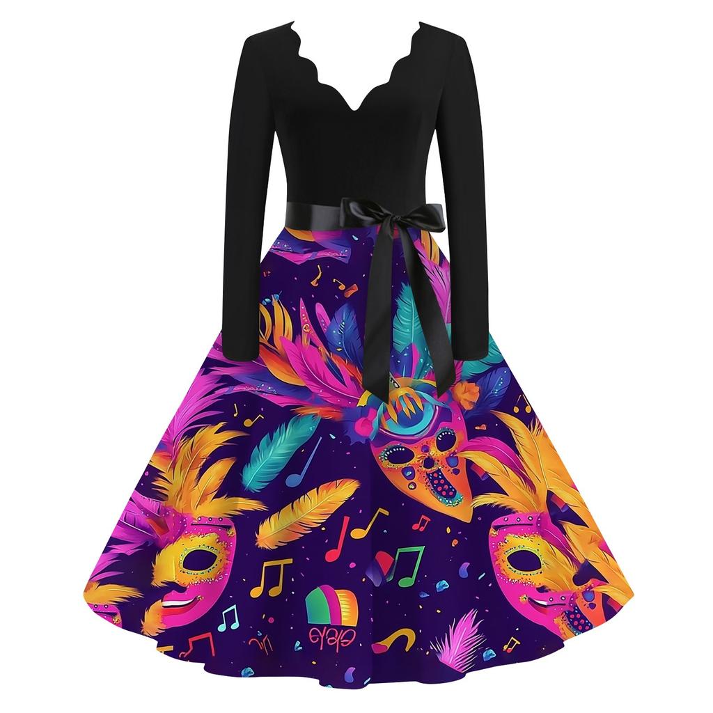 Damen Casual Fashion V-Ausschnitt Langarm Karneval Print Vintage Kleid