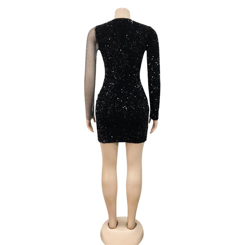 X5315 Europäisches & Amerikanisches Mode V-Ausschnitt Paillettenkleid - Sexy, Langarm, Heißbohrdesign