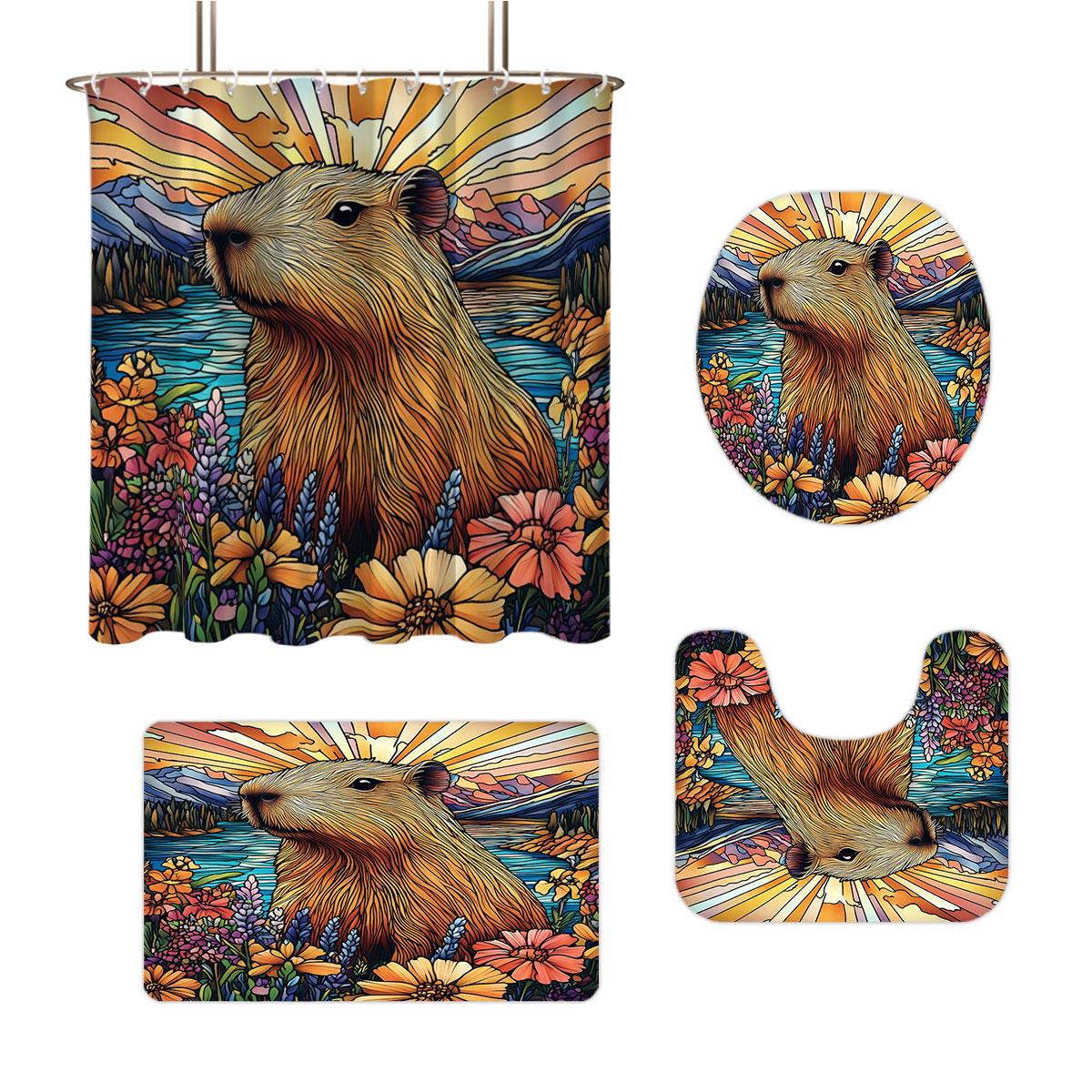 4pcs Capibala Printed Bathroom Set 180x180 Waterproof Shower Curtain With 12 Hook Type Floor Mats, Toilet Mats, U-Shaped Mats 4pcs