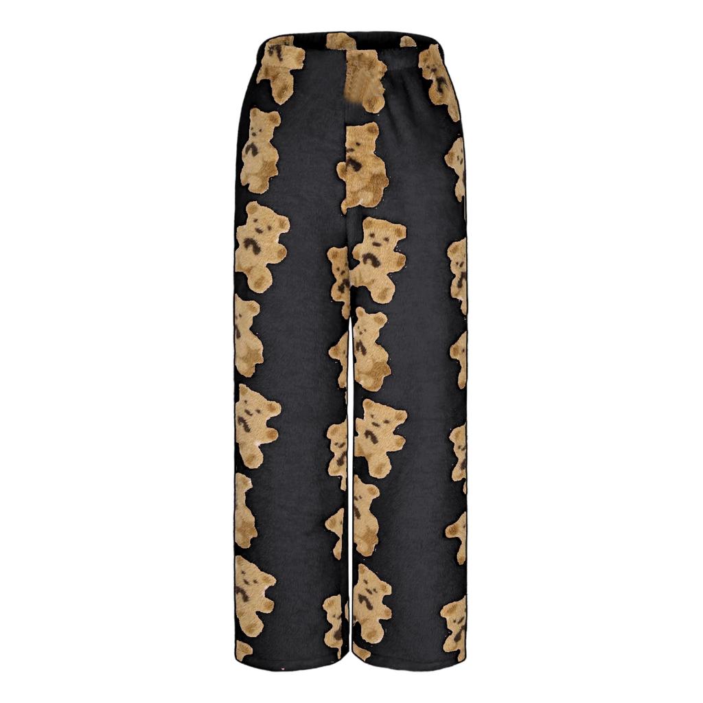 Pantalon de Pyjama en Peluche Ours Mignon pour Femmes avec Poche Jambe Large Pantalon Décontracté en Peluche