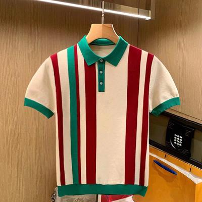 Britischer Luxus Herren Slim-Fit Revers Pullover Italienisch Elegant Vertikal Gestreift Farbpassend Kurzärmiges Gestricktes Poloshirt