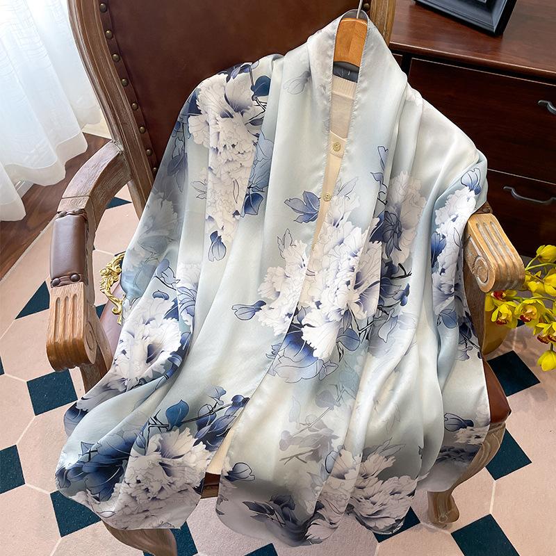 Luxury Brand 100% Real Silk Scarf Women Designer Shawls and Wraps Elegant Floral Print Pashmina Soft Long Scarves Femme Hijab