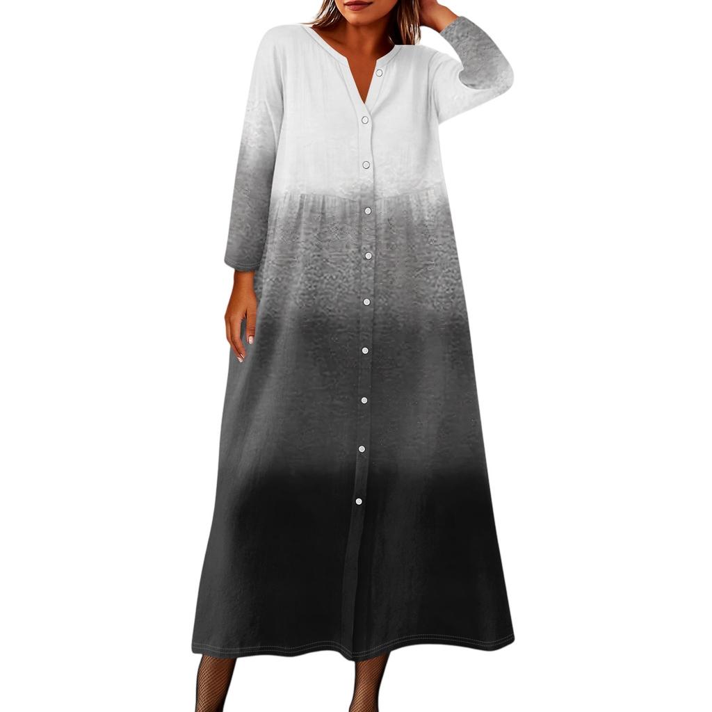 Damen Modisches Bedrucktes Rundhals Siebenviertelarm Knopf Lockeres Hemdkleid