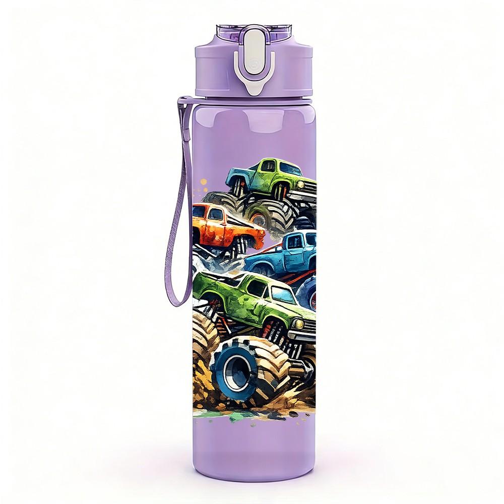 1PC Monster Truck 4 Year Old Birthday Print 750ml Color Plastic Sports Water Bottle Leakproof Flip Straw Lid Suitable for Sports Office Home Use
