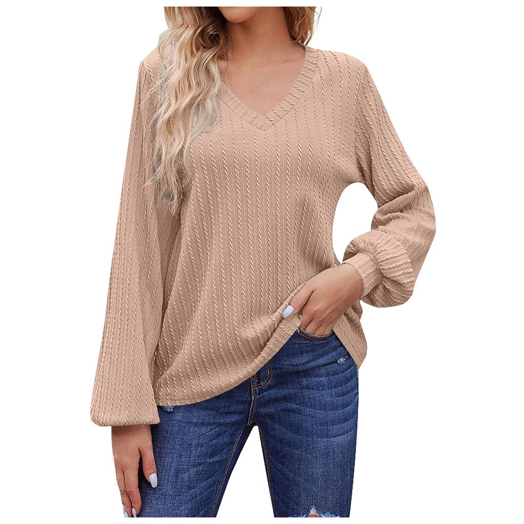 Women's Casual Loose Fitting Solid V-neck Long Sleeved V-neck T-shirt Women's Top