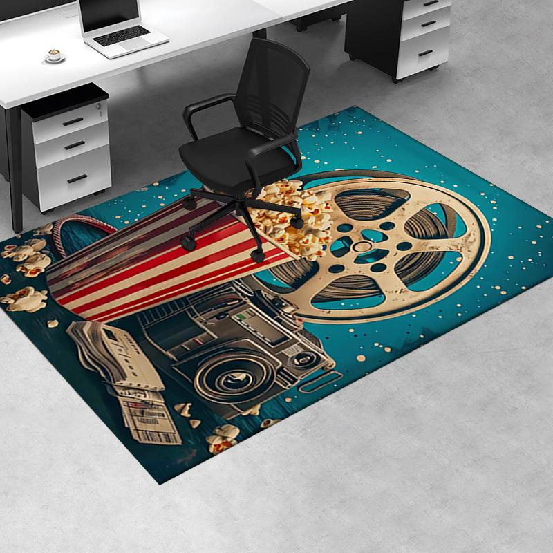 Office Carpet: Movie Night Essentials Popcorn Bucket, Film Reel, Camera, and Tickets for Your Home C