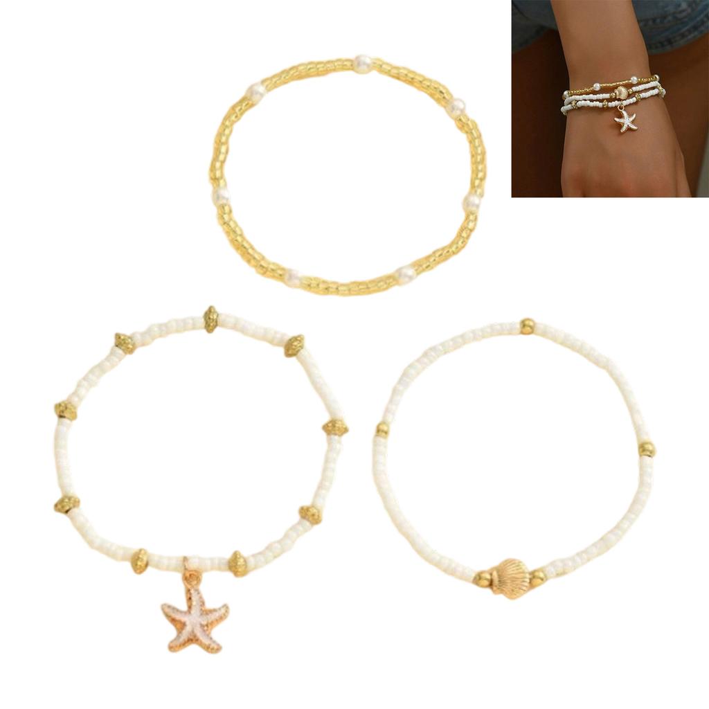 Pack Of 3 Bohemian Adjustable Layering Beaded Necklace/Bracelet With Starfish Shell Pendant For Women Beach Jewelry