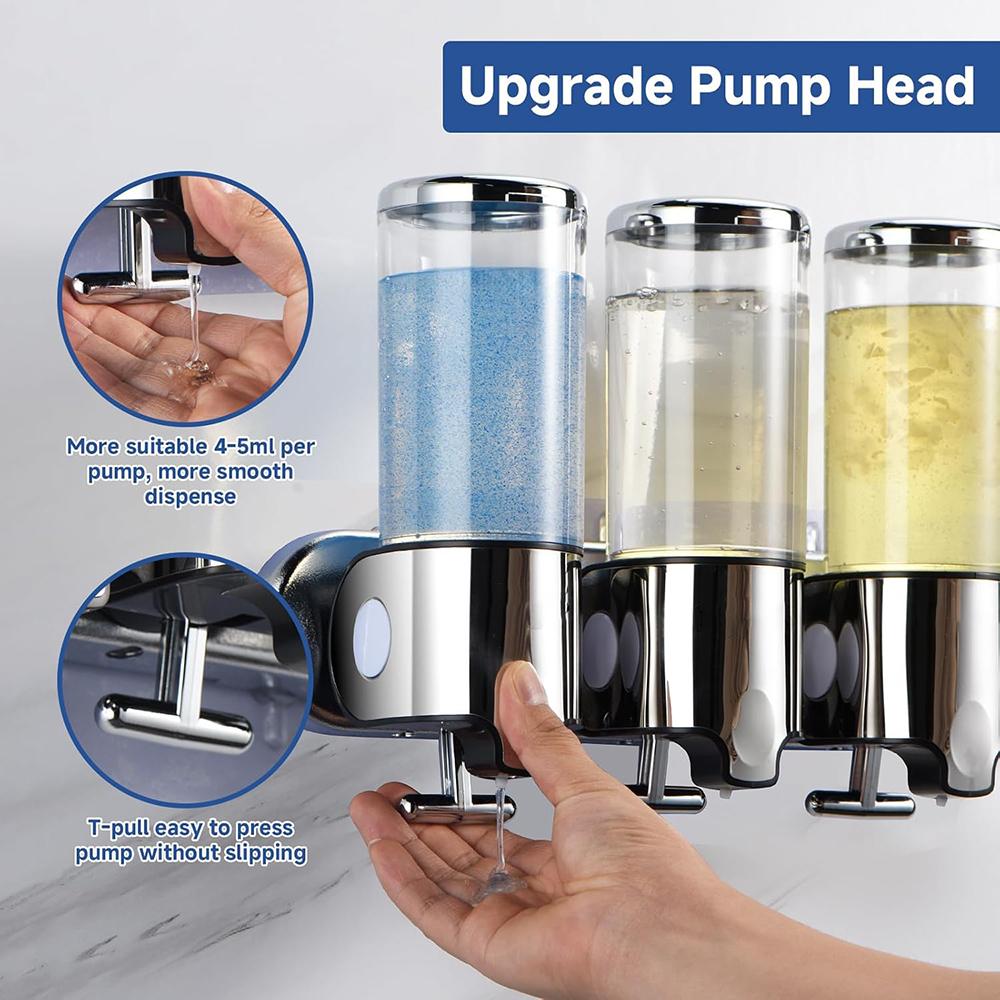 1500ML 3-Chamber Wall Mounted Transparent Window Shampoo Conditioner Dispenser No-Drill Installation for Bathroom Kitchen Hotel
