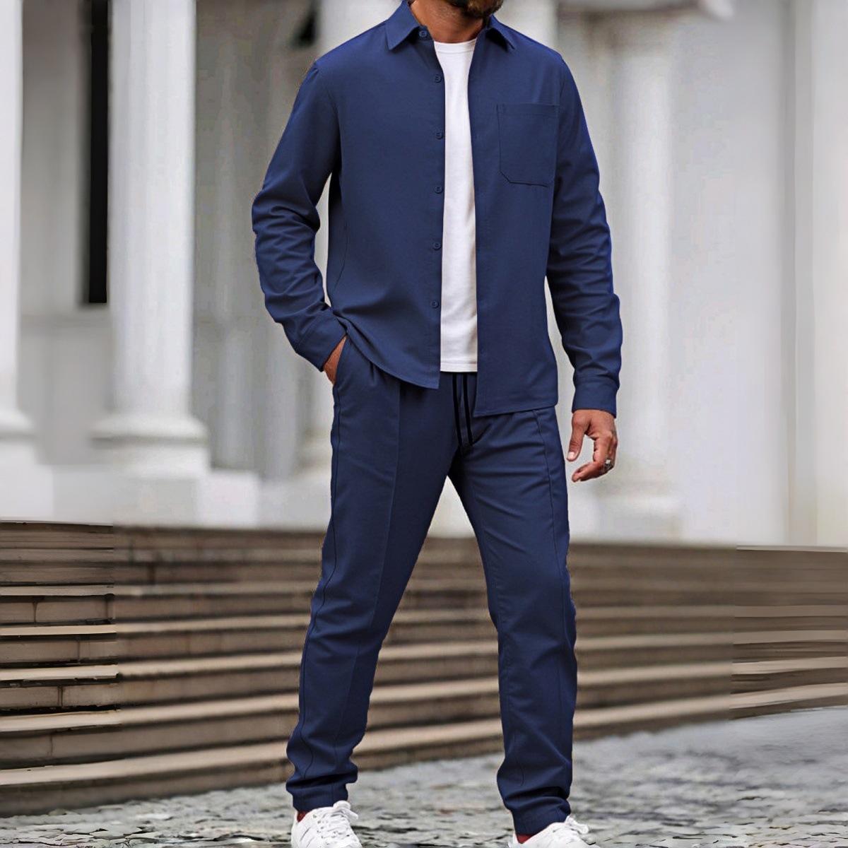 

Чоловічий двочастинний костюм європейського та американського стилю: Куртка з відкладним коміром та довгі робочі штани, високоякісний поліестер, зручний дизайн з довгими рукавами Large темно-синього кольору