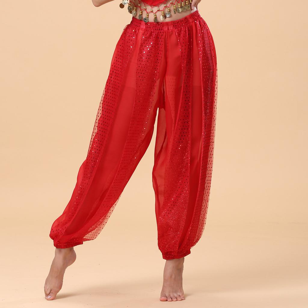 Pantalon d'exercice de performance de danse indienne Danse ethnique Adulte Danse du ventre Mousseline Vêtements d'entraînement Pantalon de mise en valeur Taille élastique