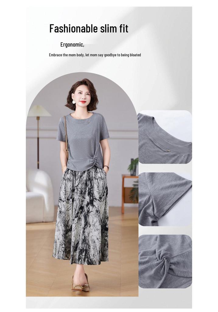 Summer Slim-Fit Short-Sleeve Stylish Skirt Set, Plus Size, Age-Reducing Print