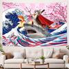SAOLUIS Funny Cat Riding Shark Tapestry Japanese Neko Ocean Wave Wall Hanging Cute Kitten Shark for Bedroom Living Room Dorm Chr