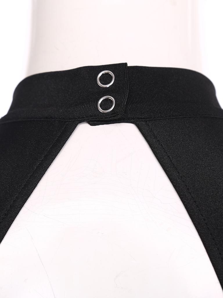 Women Shiny Sequin Leotard Gymnastics Dance Performance Outfit Mock Neck Sleeveless Sheer Mesh Waist Cutout Back Bodysuit