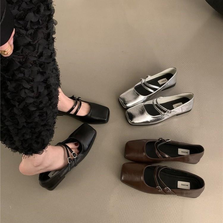 French Evening Breeze Silver Single Shoes Female 2025 New Spring and Autumn Flat Temperament Fairy Square Head Light Mouth Mary Jane Shoes