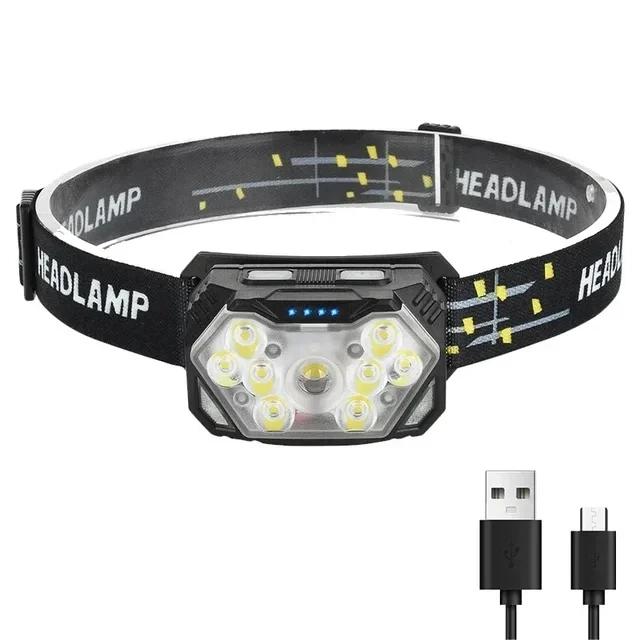 9 Led Strong Light Portable Headlamp USB Rechageable with Motion Sensor Head Lamp Outdoor Waterproof Camping Fishing Headlight