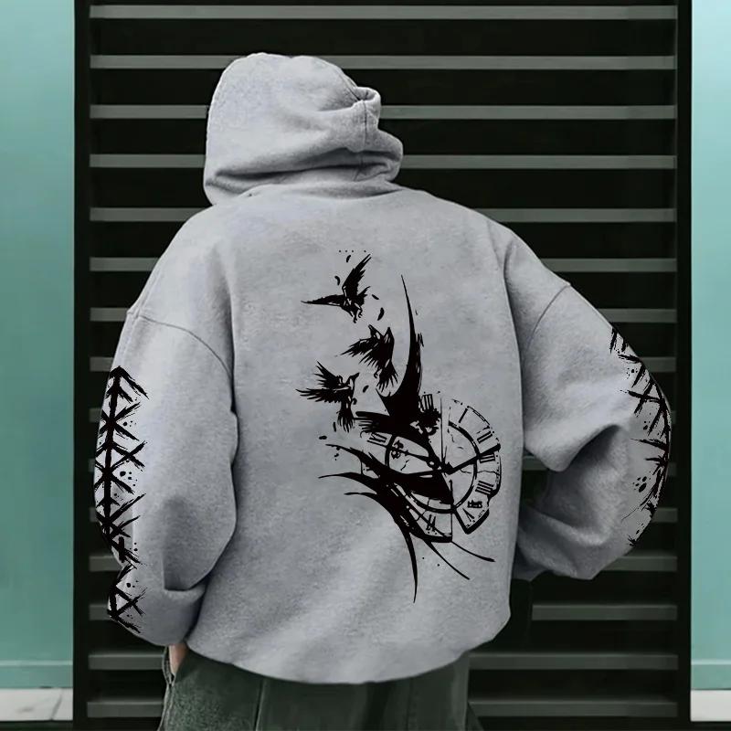2025 New Men Hoodie Sweatshirt Raven Ancient Clocks Print Fashion Top For Autumn Winter Casual Sport Wear Home Outdoor Pullover