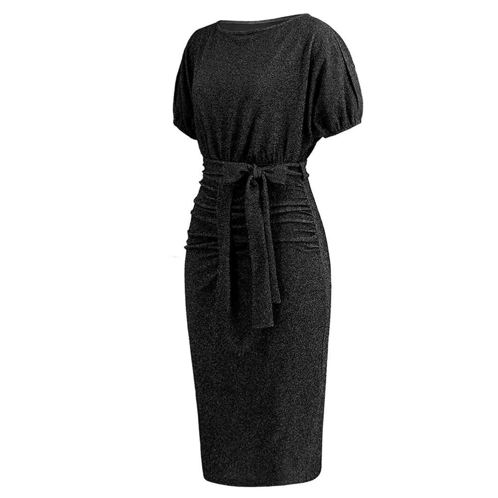 Damenmode, einfarbig, kurzärmelig, Rundhalsausschnitt, schmale Passform, glänzend, hell. Kleid