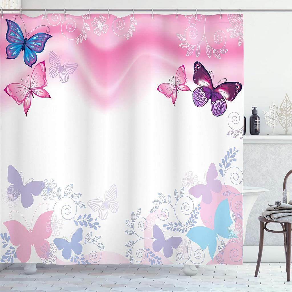 Colorful Shower Curtain, Oriental Boho Flourishing Mandala Flower and Aquarelle Look Hues Print, Cloth Fabric Bathroom Decor Set