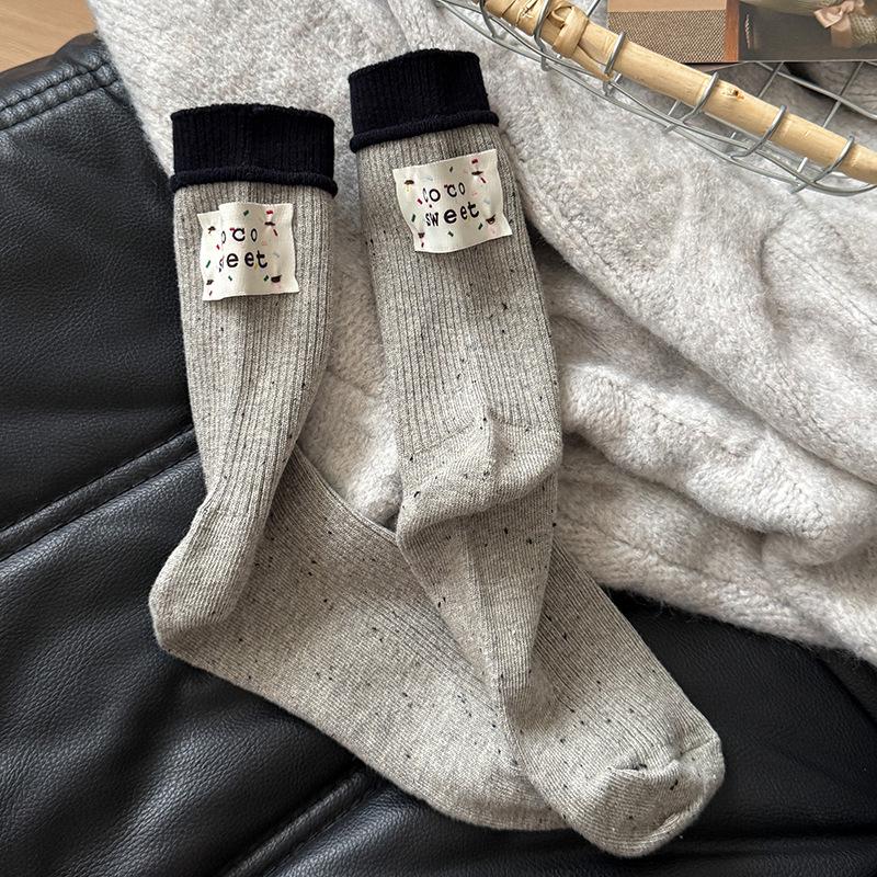 Trendy Color Block Heel Fabric Label Mid-Calf Women's Fancy Yarn Ribbed Socks for Autumn/Winter