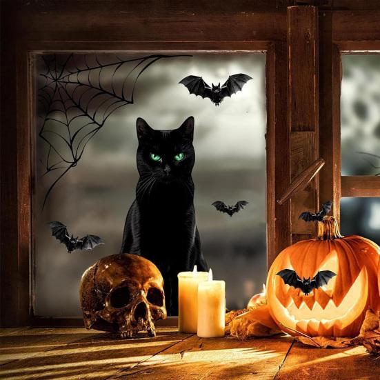 6 ks Halloweenské velké samolepky na okno s duchem Strašidelní duchové Netopýři Černá kočka Dýně Samolepky Odnímatelné Statické samolepky pro skleněnou okenní nástěnnou dekoraci