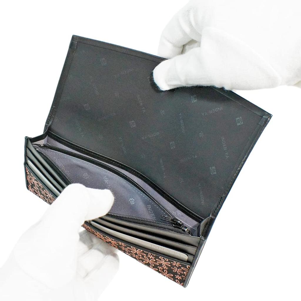 Inden Langes Geldbörsenbündel T Dünnes Hirschleder Schwarz x Rosa Lack Schneegrasmuster [Indenya] 2311-51-160