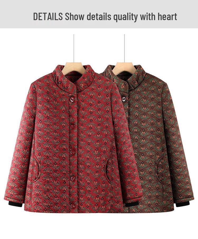 Floral Velvet-Lined Winter Coat for Elderly Women - Warm Cotton Jacket with Stand Collar