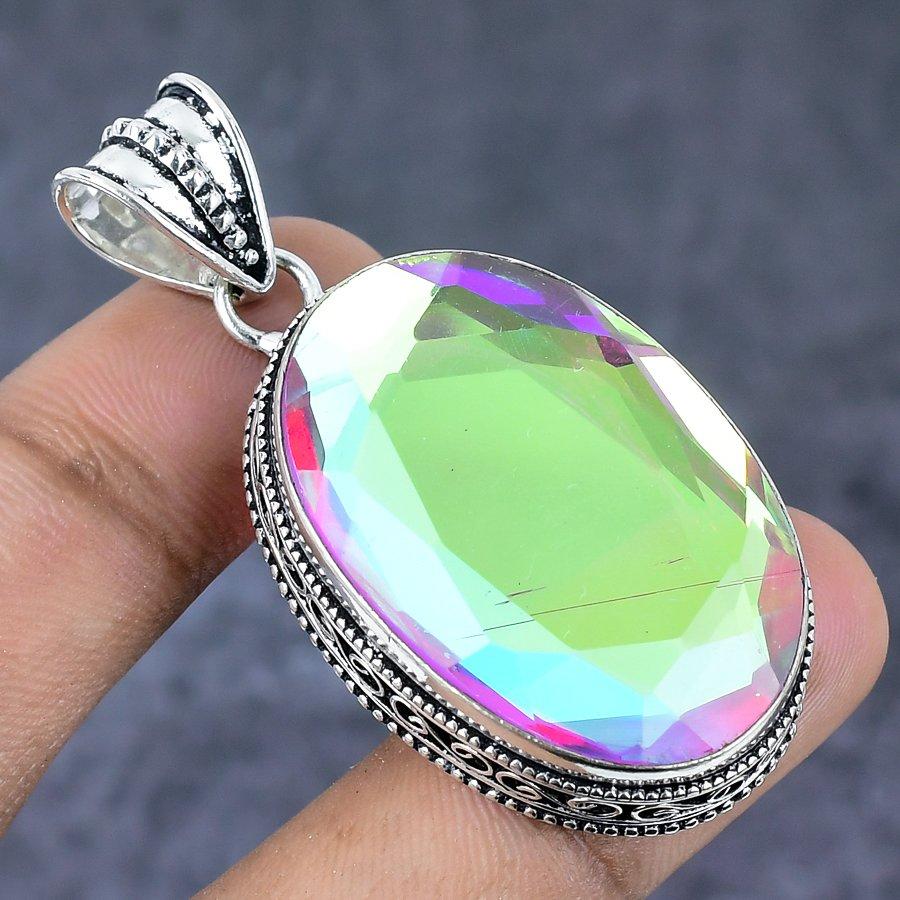 Natural Mystic Glass Gemstone 925 Sterling Silver Jewelry Pendant 2.36" F6v69
