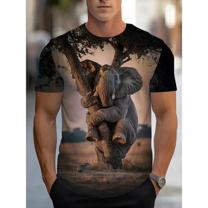 Men's 3D Elephant Print T-shirt Short Sleeved T-shirt Breathable Polyester Round Neck Casual Streetwear Top