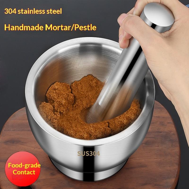 Mortar And Pestle Stainless Steel Spice Grinder Pill Crusher With Lid Ergonomic Grip For Crushing Grinding