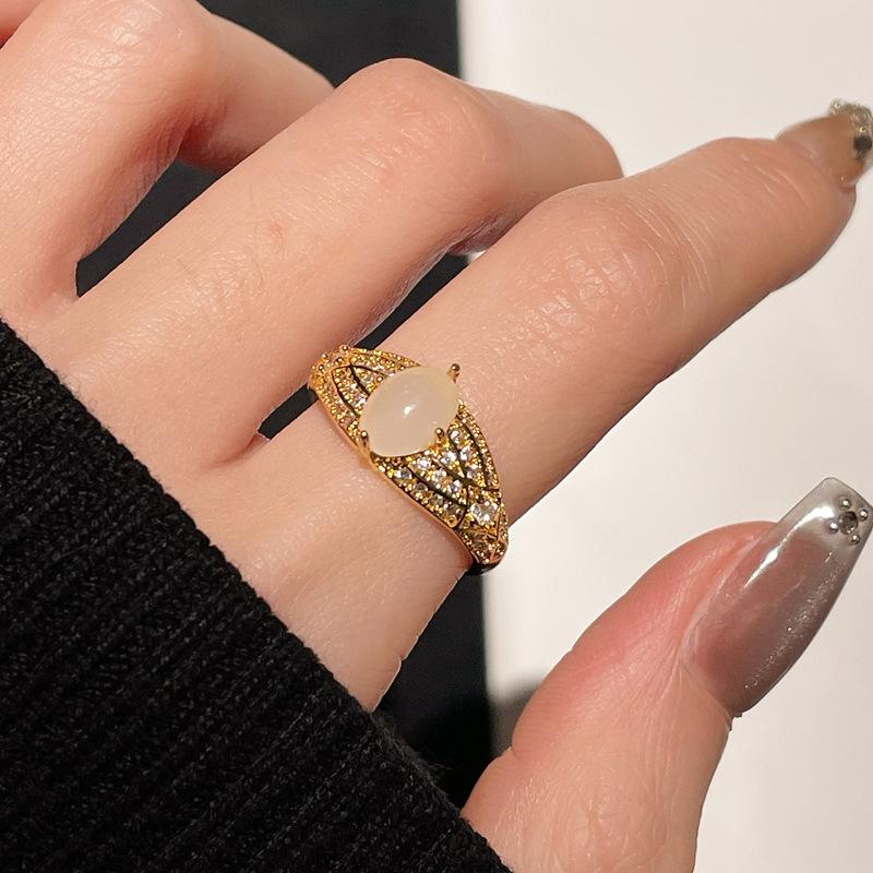 Medieval Retro Moonstone Imitation Opal Exquisite Open Ring Fashionable Zircon Light Luxury High-End Accessories