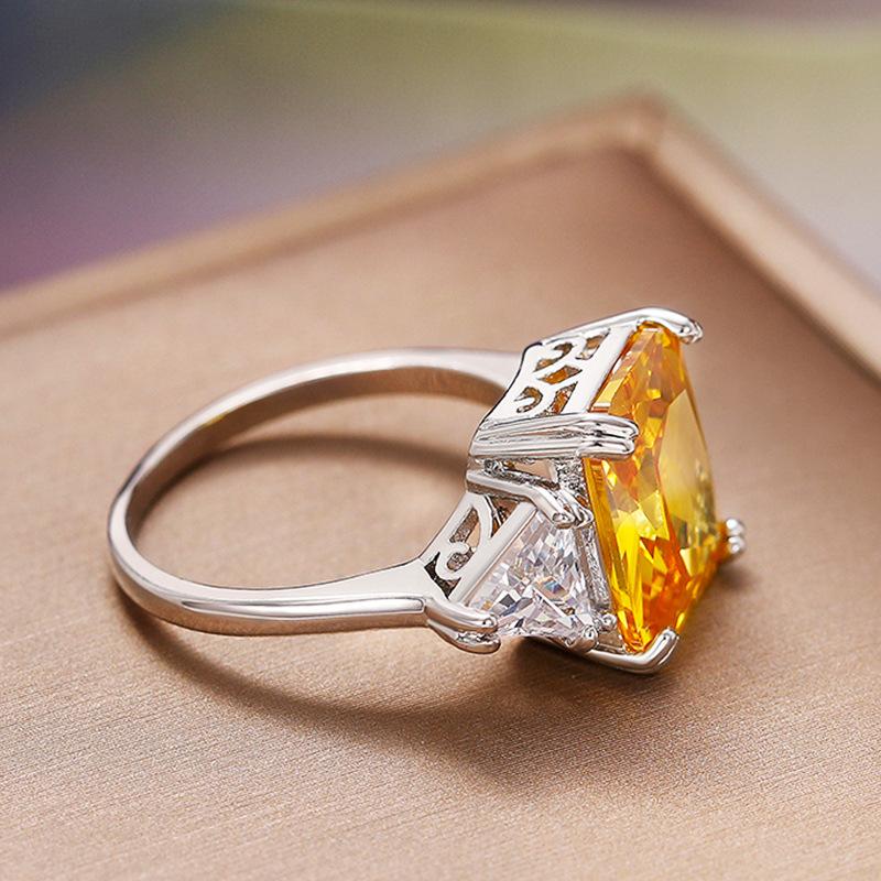 Internet Celebrity Female Ring, Imitation Citrine Colored Treasure Zircon Ring Female, Ice Flower Sugar Cube Temperament Ring