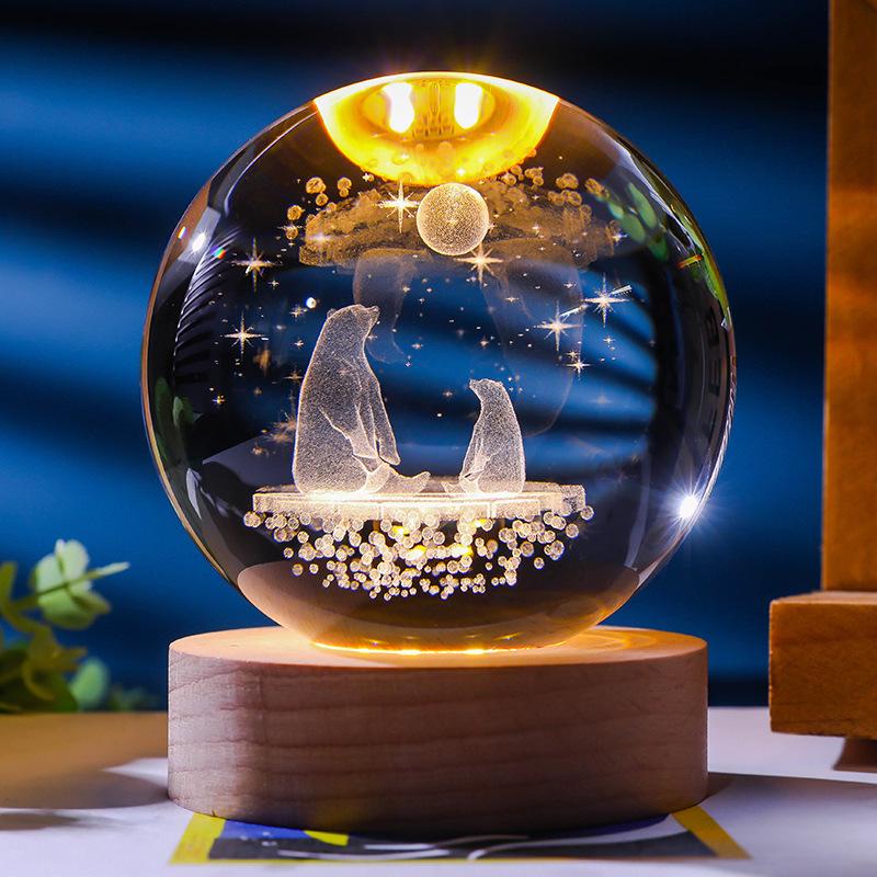 Flickering Crystal Ball Night Light with Engraved Solid Wood Base - Perfect as a Birthday Gift or Creative Graduation Ornament.