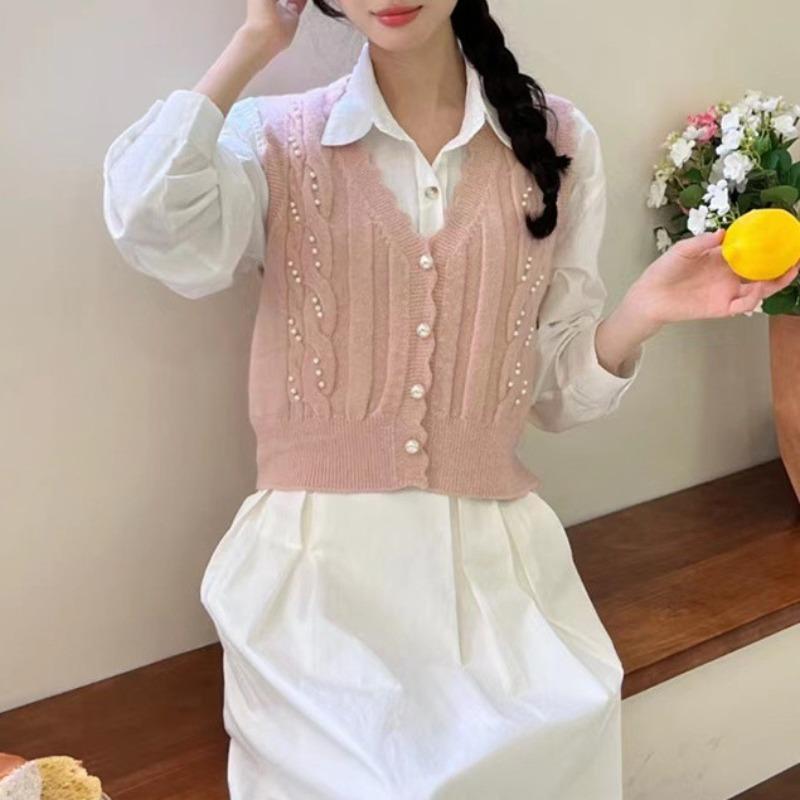 Women's Autumn and Winter Sweet Pearl V-neck Knitted Waistcoat