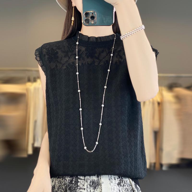 Women T-shirt Vest Wool Tank Summer Knitted T-shirt Sleeveless Basic Tees Knit Top O-neck Female