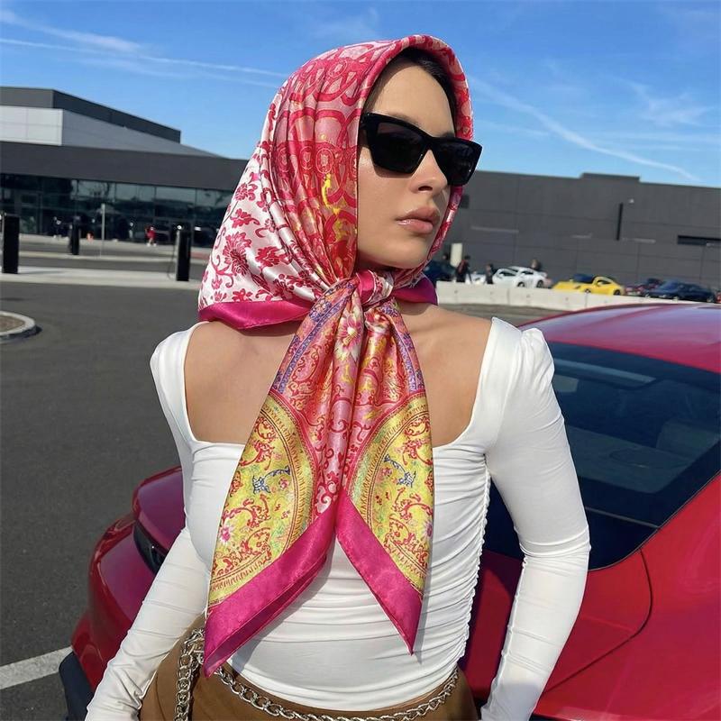 Square Silk Scarf Women Luxury Brand Satin Print Hijab Scarves Muslim Pareo Bandana Female Shawl Wrap Headband Foulard 90*90cm