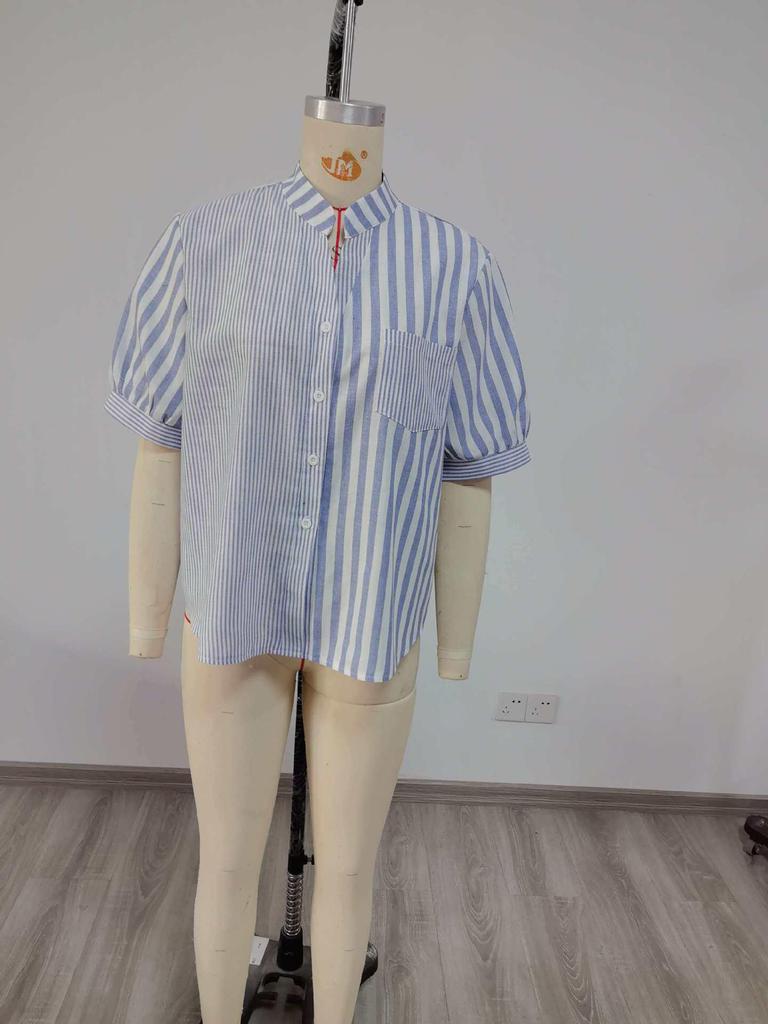 2026 Spring/Summer Women's Plus Size Blue & White Striped Loose Short-Sleeve Casual Shirt