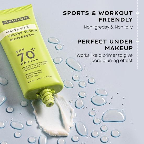 Hyphen Matte Max Velvet Touch Sunscreen Spf 70+ Pa++++|Sun Protection|Sun Shield| Combination & All Skin Types-30G