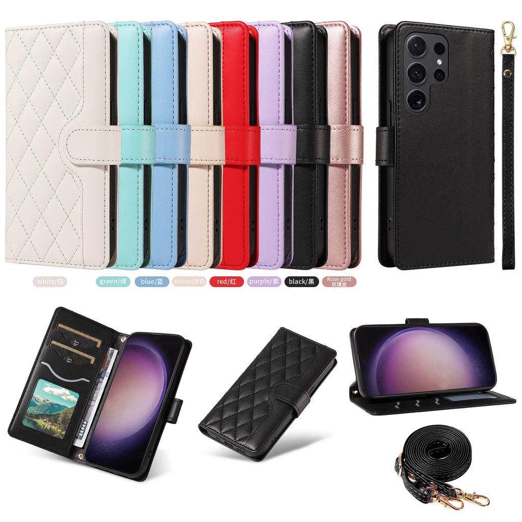 Applicable To Samsung S24 Fashion Leather Case A55 Small Fragrant Wind Diamond Grid Card Wallet Diagonal Span Portable Rope A05S Solid Color