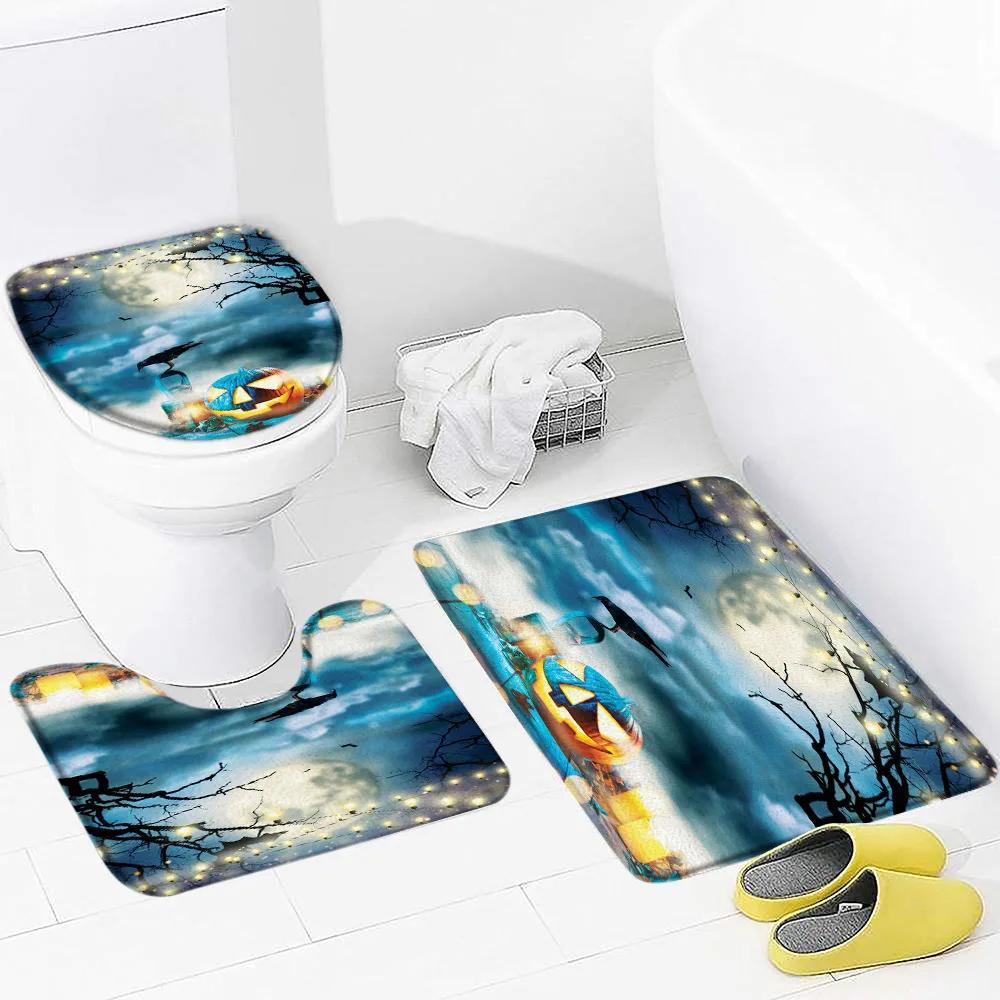 Halloween Bathroom Rugs Sets 3 Piece with Non-Slip Rug, Toilet Lid Cover and Bath Mat Pumpkin Washable Bathroom Accessories Set