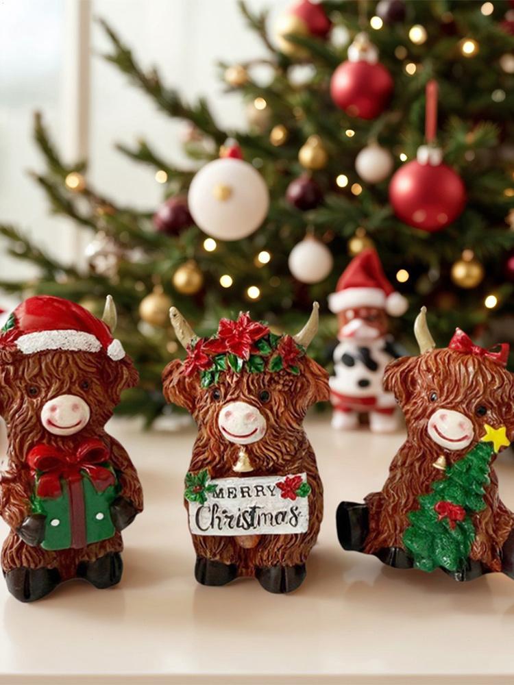 Christmas Highland Cattle Statue 3Pcs Cow Figurines Cute Small Resin Statue Christmas Gifts Home Office Desk Decoration