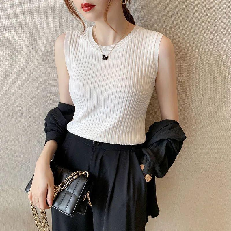 

2026 Women s Ice Silk Sleeveless Knit Camisole Top - Trendy Loose Fit Plus Size Summer Shirt S (80-90 lbs) белый