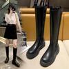 Fashion plus Size Knee High Riding Boots Straight Tube ing Boots Women's Medium Heel Waterproof Platform round Toe PU Leather