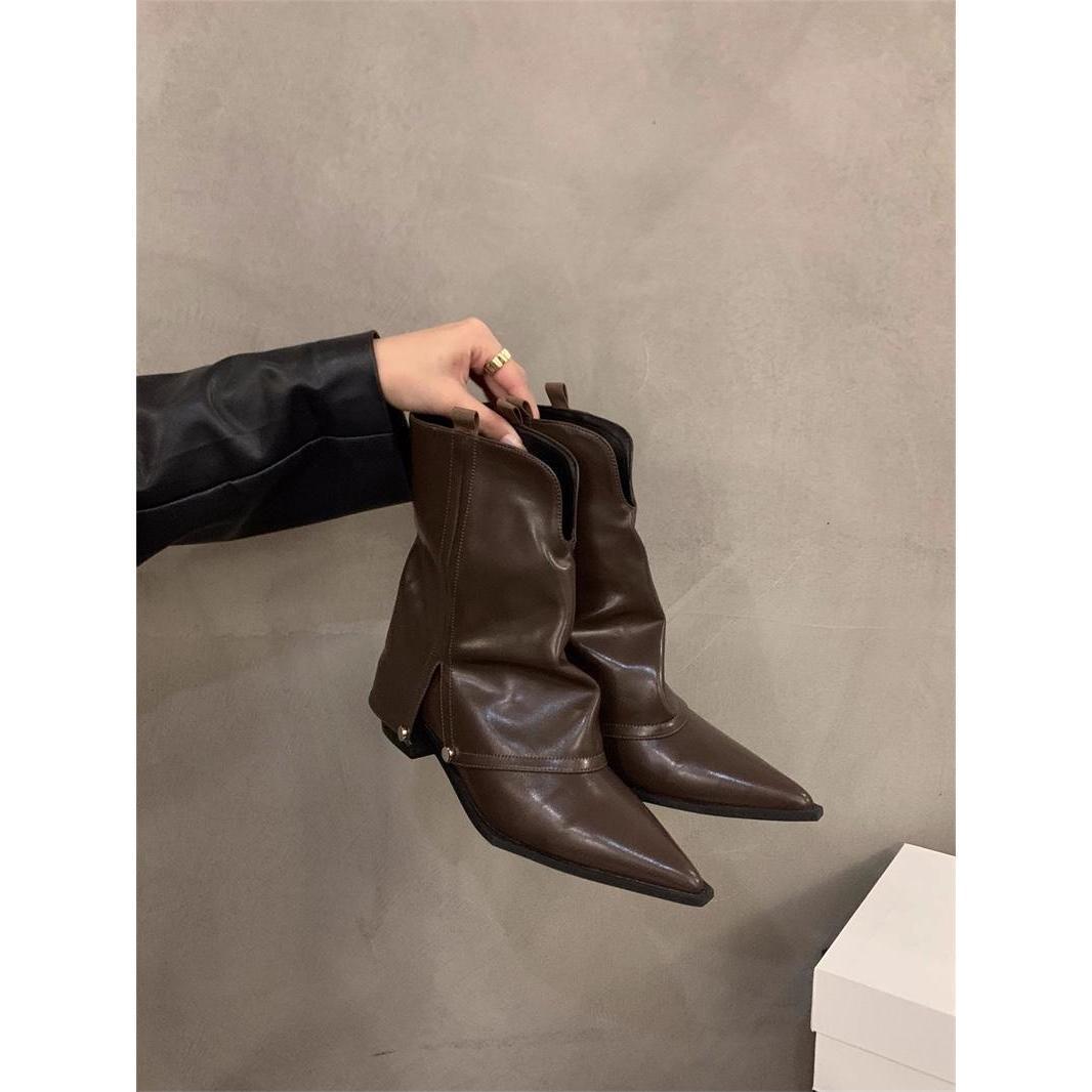 

Чоботи з гострим носком та грубою манжетою - Нові стилі на осінь та зиму, Короткі чоботи, Унікальне вінтажне жіноче взуття 39 коричневий